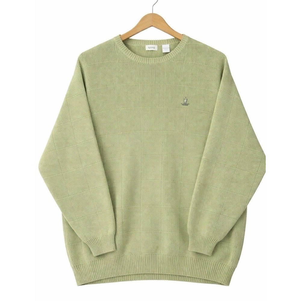 Izod Argyle Cable Knit Sweater Men's Size XL Green 100% Cotton Long Sleeve
